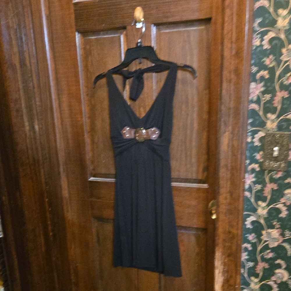 Cache Black Backless Dress with Brown Accent